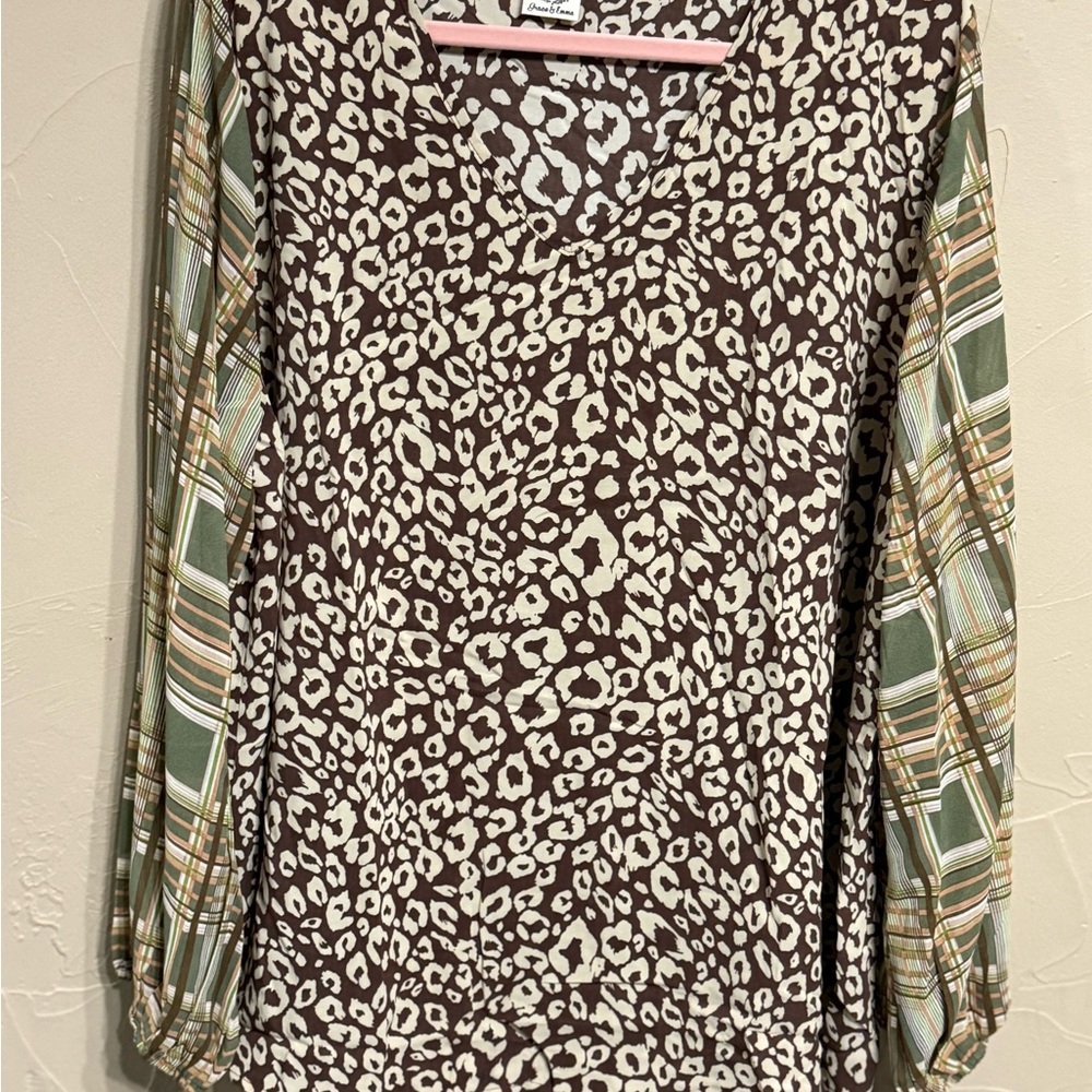 Boutique L/Sleeve Brown Animal Print w/Plaid sleeved Blouse - 3XL
